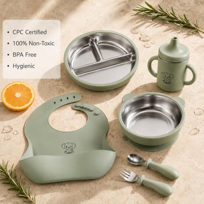 6-Piece Baby Feeding Set with Stainless Steel Inserts - Non-Toxic Baby Led Weaning Supplies, Divided Suction Plate, Bear-Eared Bowl, Sippy Cup, Adjustable Bib, Toddler Spoon and Fork Set, Baby Blue