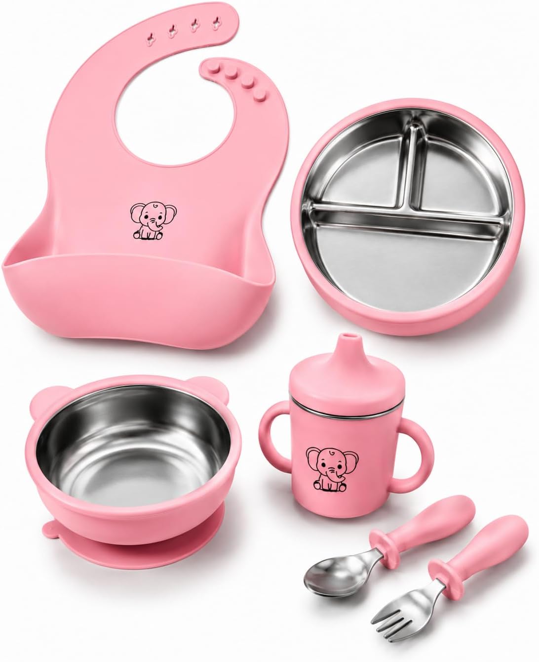 6-Piece Baby Feeding Set with Stainless Steel Inserts - Non-Toxic Baby Led Weaning Supplies, Divided Suction Plate, Bear-Eared Bowl, Sippy Cup, Adjustable Bib, Toddler Spoon and Fork Set, Baby Blue