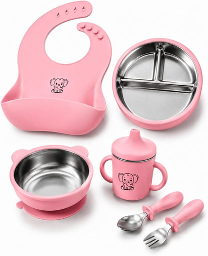 6-Piece Baby Feeding Set with Stainless Steel Inserts - Non-Toxic Baby Led Weaning Supplies, Divided Suction Plate, Bear-Eared Bowl, Sippy Cup, Adjustable Bib, Toddler Spoon and Fork Set, Baby Blue