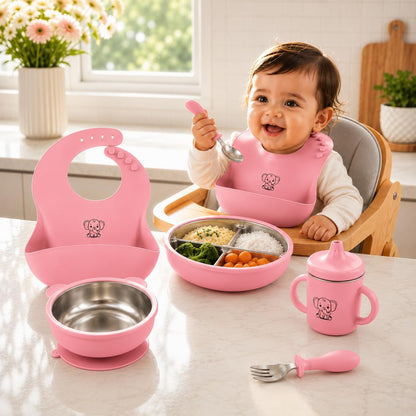 6-Piece Baby Feeding Set with Stainless Steel Inserts - Non-Toxic Baby Led Weaning Supplies, Divided Suction Plate, Bear-Eared Bowl, Sippy Cup, Adjustable Bib, Toddler Spoon and Fork Set, Baby Blue