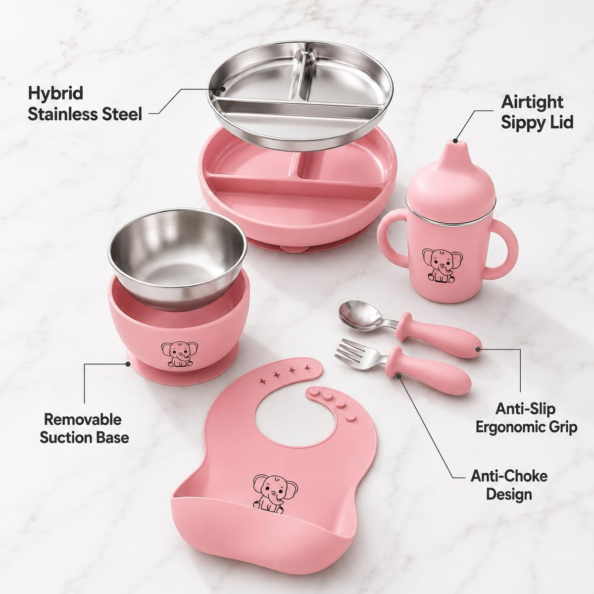 6-Piece Baby Feeding Set with Stainless Steel Inserts - Non-Toxic Baby Led Weaning Supplies, Divided Suction Plate, Bear-Eared Bowl, Sippy Cup, Adjustable Bib, Toddler Spoon and Fork Set, Baby Blue