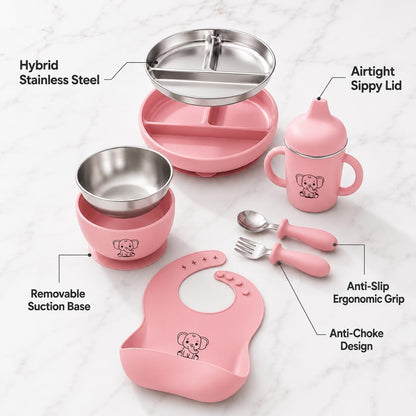 6-Piece Baby Feeding Set with Stainless Steel Inserts - Non-Toxic Baby Led Weaning Supplies, Divided Suction Plate, Bear-Eared Bowl, Sippy Cup, Adjustable Bib, Toddler Spoon and Fork Set, Baby Blue