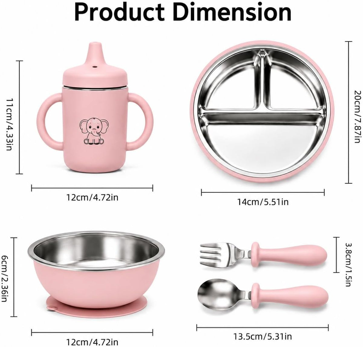 6-Piece Baby Feeding Set with Stainless Steel Inserts - Non-Toxic Baby Led Weaning Supplies, Divided Suction Plate, Bear-Eared Bowl, Sippy Cup, Adjustable Bib, Toddler Spoon and Fork Set, Baby Blue