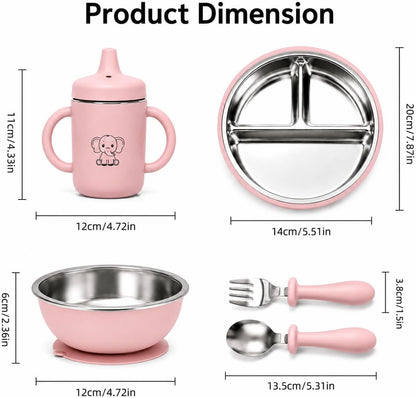 6-Piece Baby Feeding Set with Stainless Steel Inserts - Non-Toxic Baby Led Weaning Supplies, Divided Suction Plate, Bear-Eared Bowl, Sippy Cup, Adjustable Bib, Toddler Spoon and Fork Set, Baby Blue