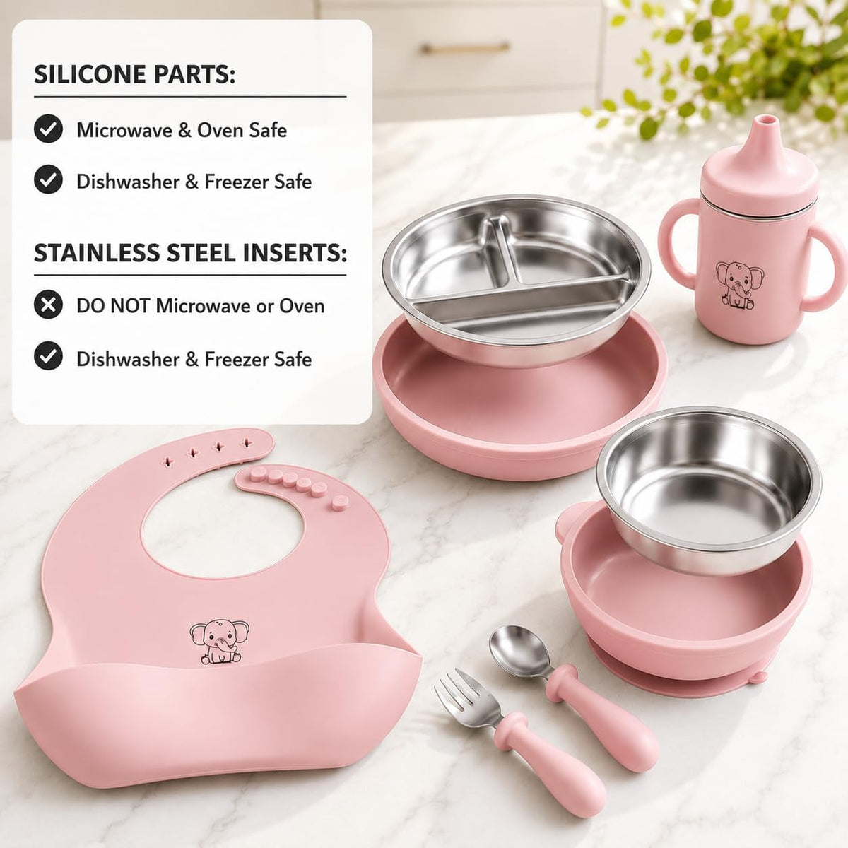 6-Piece Baby Feeding Set with Stainless Steel Inserts - Non-Toxic Baby Led Weaning Supplies, Divided Suction Plate, Bear-Eared Bowl, Sippy Cup, Adjustable Bib, Toddler Spoon and Fork Set, Baby Blue