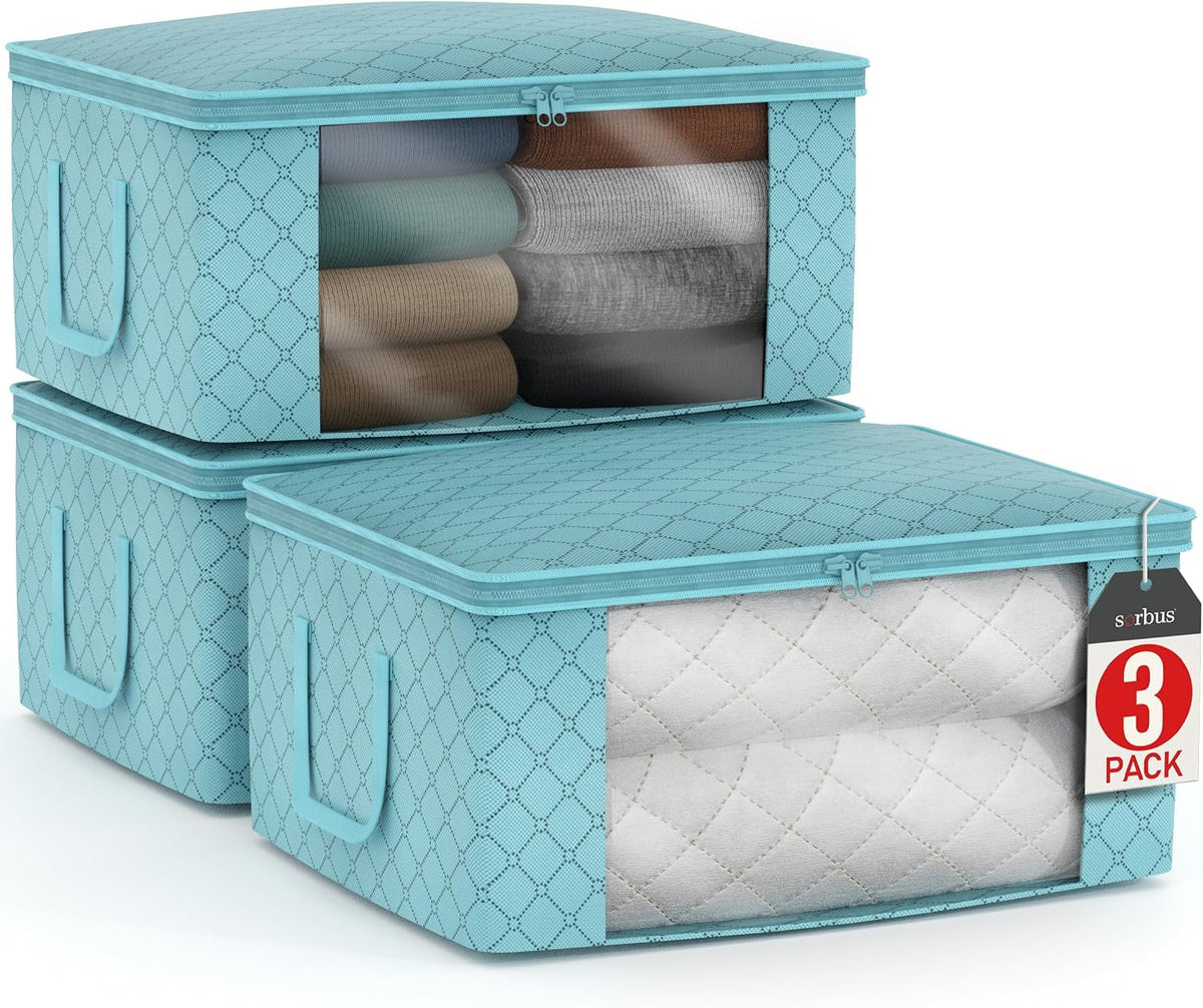 Medium Clothes Storage Bags - Foldable Blanket Storage Bins for Organizing Bedroom, Closet, Clothing, Comforter, Organization with Clear Window, Lids and Carry Handles - Set of 3