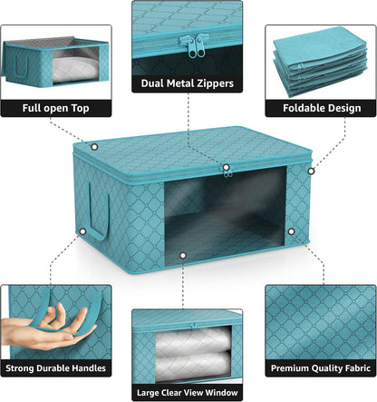 Medium Clothes Storage Bags - Foldable Blanket Storage Bins for Organizing Bedroom, Closet, Clothing, Comforter, Organization with Clear Window, Lids and Carry Handles - Set of 3