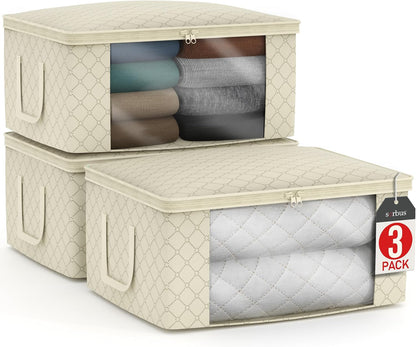 Medium Clothes Storage Bags - Foldable Blanket Storage Bins for Organizing Bedroom, Closet, Clothing, Comforter, Organization with Clear Window, Lids and Carry Handles - Set of 3