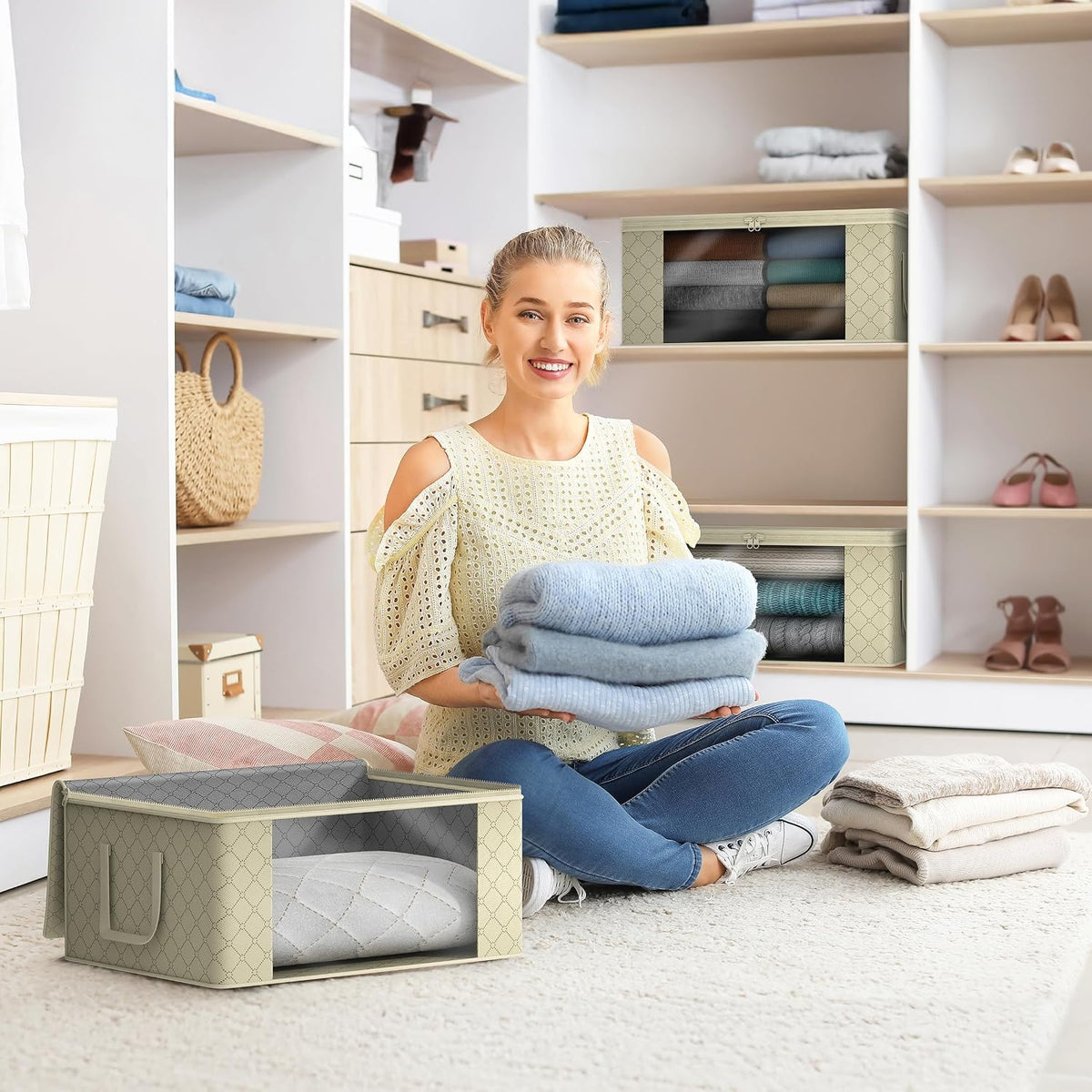 Medium Clothes Storage Bags - Foldable Blanket Storage Bins for Organizing Bedroom, Closet, Clothing, Comforter, Organization with Clear Window, Lids and Carry Handles - Set of 3