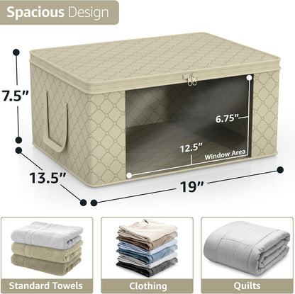 Medium Clothes Storage Bags - Foldable Blanket Storage Bins for Organizing Bedroom, Closet, Clothing, Comforter, Organization with Clear Window, Lids and Carry Handles - Set of 3