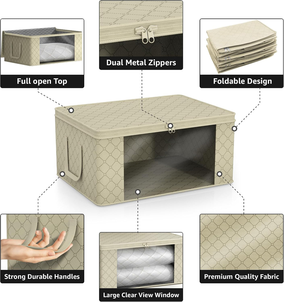 Medium Clothes Storage Bags - Foldable Blanket Storage Bins for Organizing Bedroom, Closet, Clothing, Comforter, Organization with Clear Window, Lids and Carry Handles - Set of 3