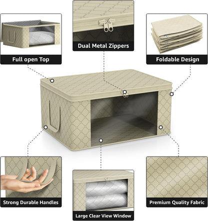 Medium Clothes Storage Bags - Foldable Blanket Storage Bins for Organizing Bedroom, Closet, Clothing, Comforter, Organization with Clear Window, Lids and Carry Handles - Set of 3