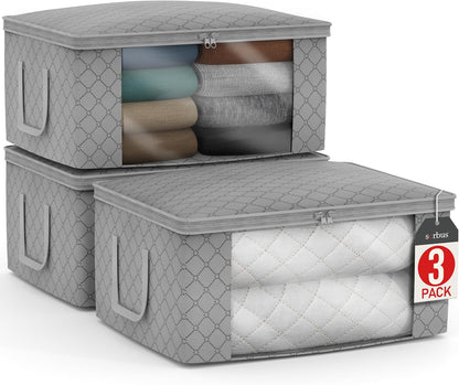 Medium Clothes Storage Bags - Foldable Blanket Storage Bins for Organizing Bedroom, Closet, Clothing, Comforter, Organization with Clear Window, Lids and Carry Handles - Set of 3