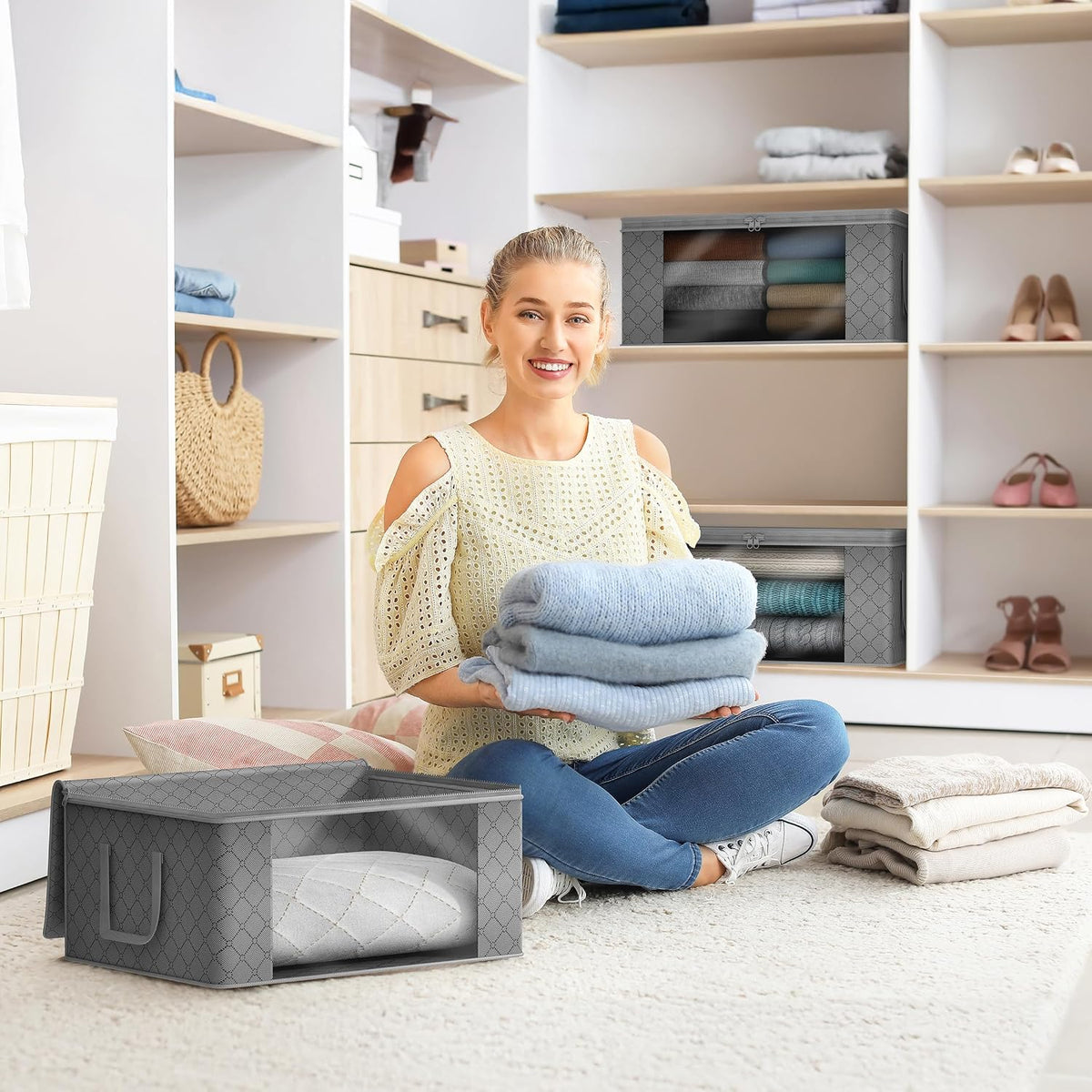 Medium Clothes Storage Bags - Foldable Blanket Storage Bins for Organizing Bedroom, Closet, Clothing, Comforter, Organization with Clear Window, Lids and Carry Handles - Set of 3