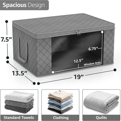 Medium Clothes Storage Bags - Foldable Blanket Storage Bins for Organizing Bedroom, Closet, Clothing, Comforter, Organization with Clear Window, Lids and Carry Handles - Set of 3