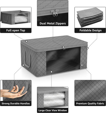 Medium Clothes Storage Bags - Foldable Blanket Storage Bins for Organizing Bedroom, Closet, Clothing, Comforter, Organization with Clear Window, Lids and Carry Handles - Set of 3