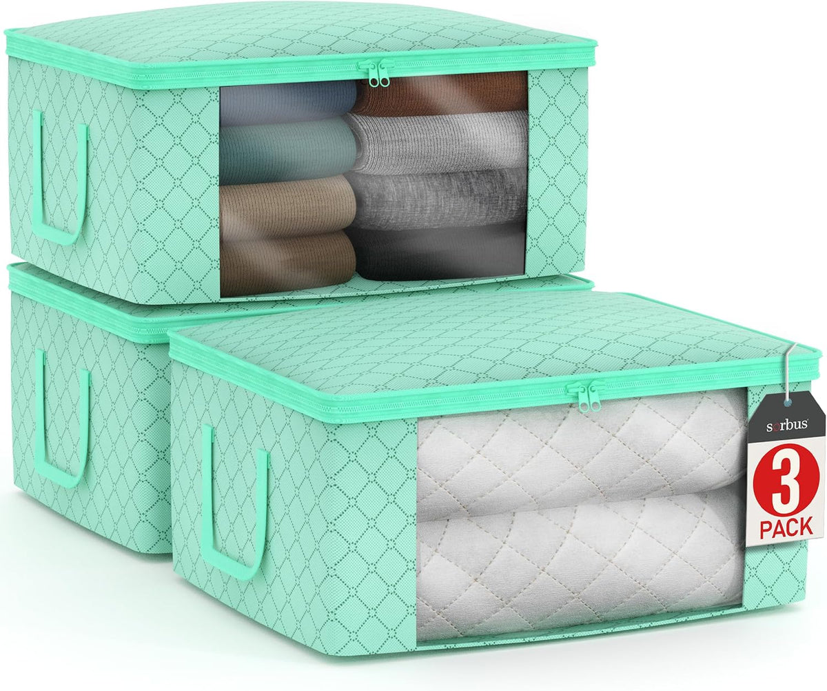 Medium Clothes Storage Bags - Foldable Blanket Storage Bins for Organizing Bedroom, Closet, Clothing, Comforter, Organization with Clear Window, Lids and Carry Handles - Set of 3