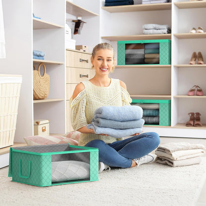 Medium Clothes Storage Bags - Foldable Blanket Storage Bins for Organizing Bedroom, Closet, Clothing, Comforter, Organization with Clear Window, Lids and Carry Handles - Set of 3