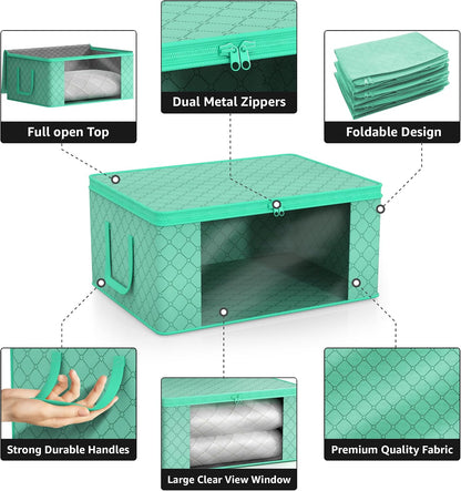 Medium Clothes Storage Bags - Foldable Blanket Storage Bins for Organizing Bedroom, Closet, Clothing, Comforter, Organization with Clear Window, Lids and Carry Handles - Set of 3