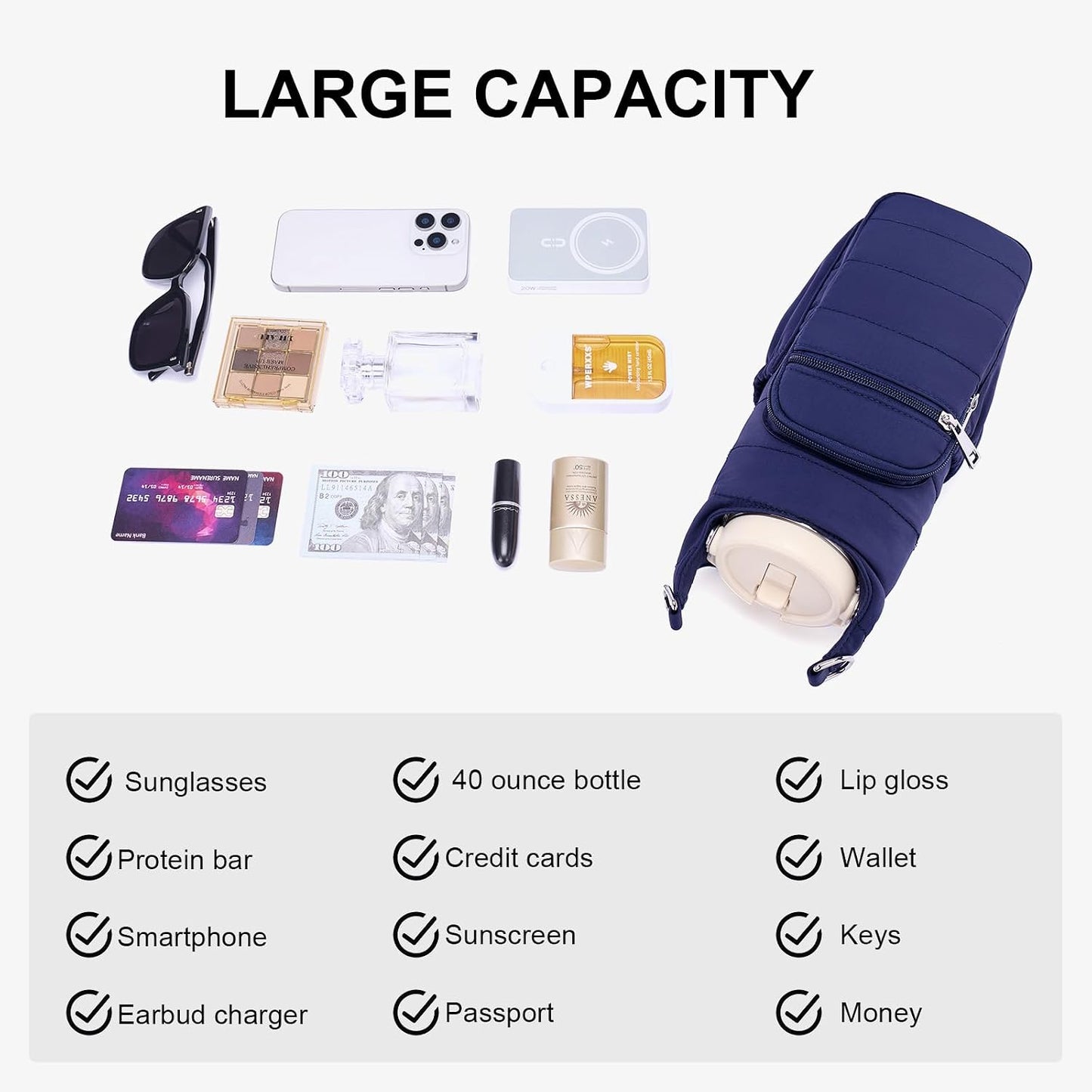 Water Bottle Bag 40 oz Crossbody Bag Insulated Carrier Purse Holder for Walking Hiking with Adjustable Strap
