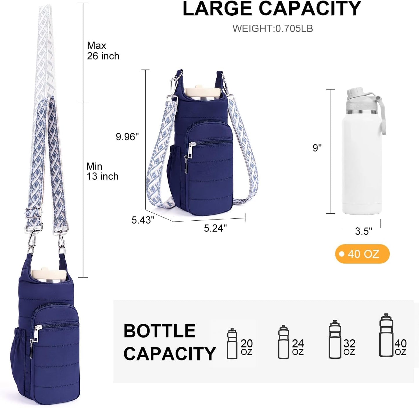 Water Bottle Bag 40 oz Crossbody Bag Insulated Carrier Purse Holder for Walking Hiking with Adjustable Strap