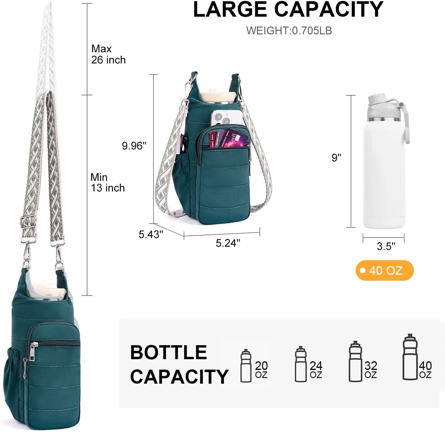 Water Bottle Bag 40 oz Crossbody Bag Insulated Carrier Purse Holder for Walking Hiking with Adjustable Strap