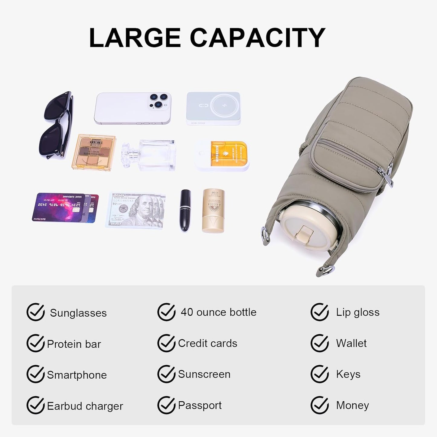 Water Bottle Bag 40 oz Crossbody Bag Insulated Carrier Purse Holder for Walking Hiking with Adjustable Strap