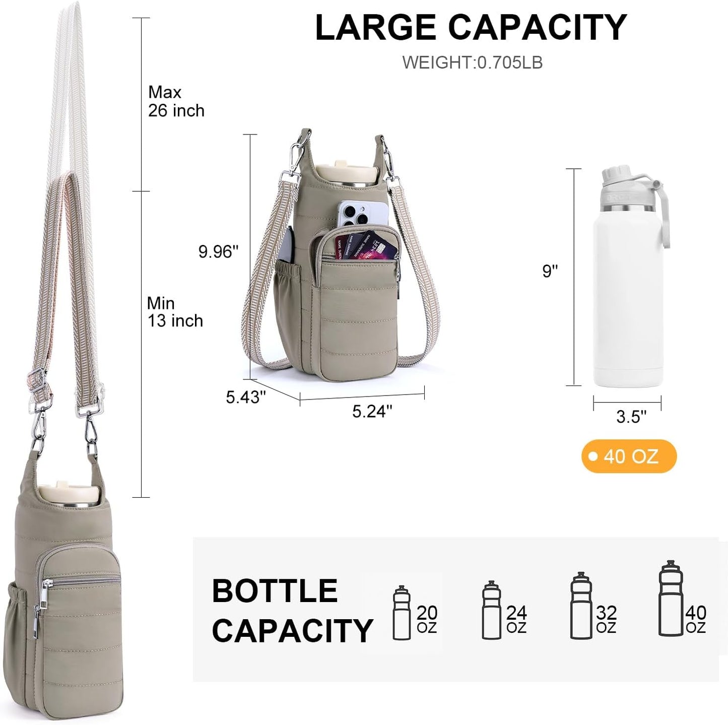 Water Bottle Bag 40 oz Crossbody Bag Insulated Carrier Purse Holder for Walking Hiking with Adjustable Strap