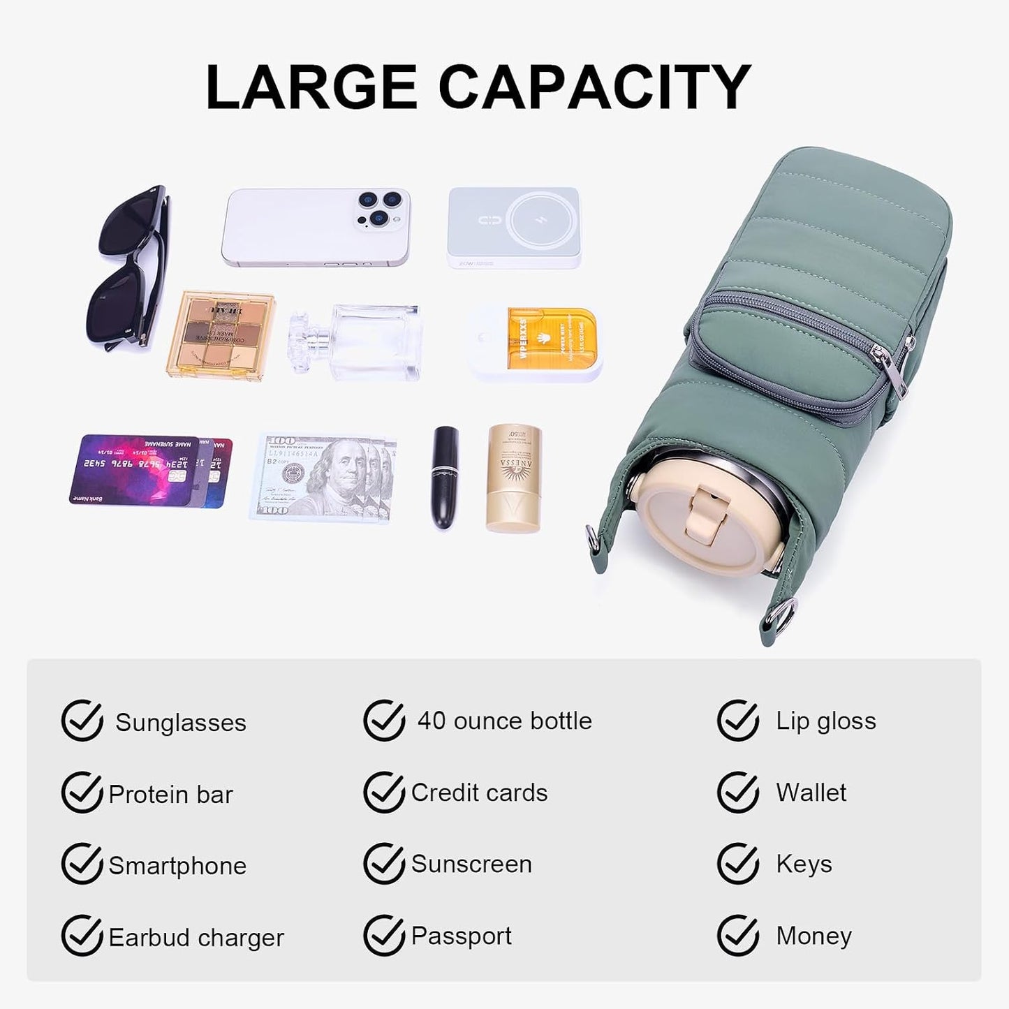 Water Bottle Bag 40 oz Crossbody Bag Insulated Carrier Purse Holder for Walking Hiking with Adjustable Strap