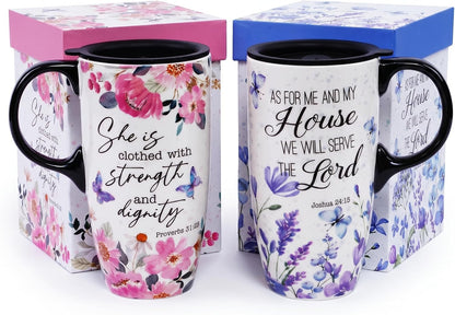 17oz Ceramic Travel Mug with Lid, Inspirational Floral Coffee Mug | Pink Ceramic Travel Cup with Handle for Women, Microwave & Dishwasher Safe, Gift Box Included