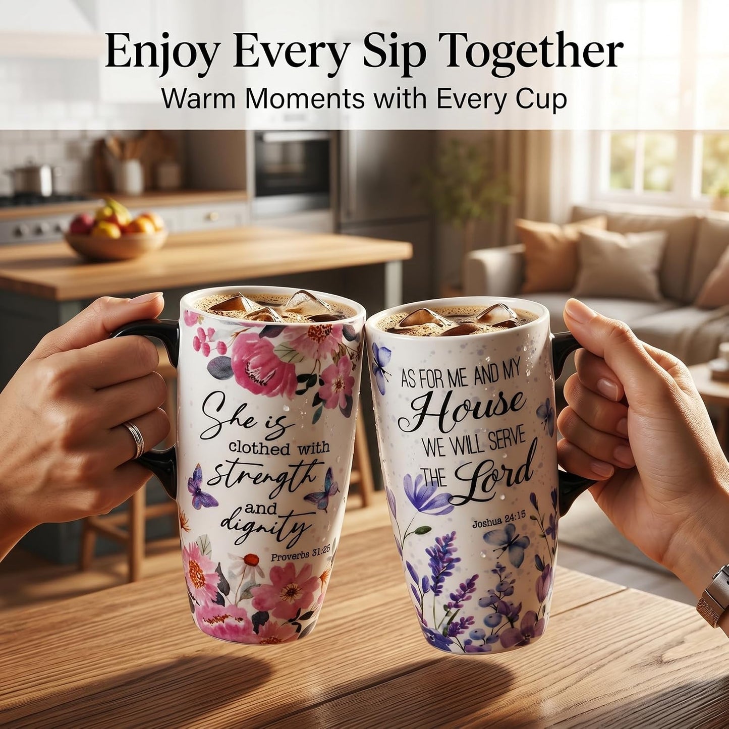 17oz Ceramic Travel Mug with Lid, Inspirational Floral Coffee Mug | Pink Ceramic Travel Cup with Handle for Women, Microwave & Dishwasher Safe, Gift Box Included