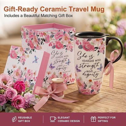 17oz Ceramic Travel Mug with Lid, Inspirational Floral Coffee Mug | Pink Ceramic Travel Cup with Handle for Women, Microwave & Dishwasher Safe, Gift Box Included