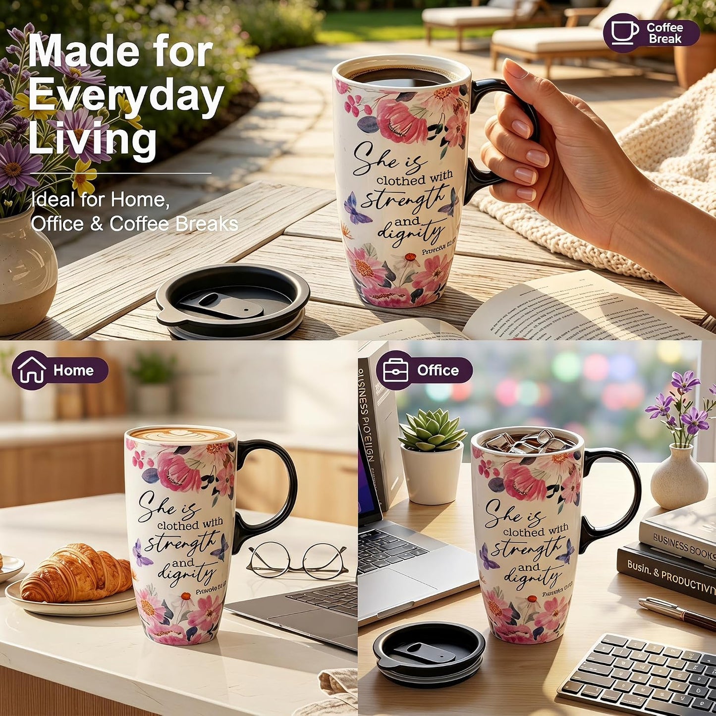 17oz Ceramic Travel Mug with Lid, Inspirational Floral Coffee Mug | Pink Ceramic Travel Cup with Handle for Women, Microwave & Dishwasher Safe, Gift Box Included