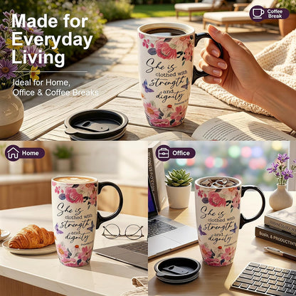 17oz Ceramic Travel Mug with Lid, Inspirational Floral Coffee Mug | Pink Ceramic Travel Cup with Handle for Women, Microwave & Dishwasher Safe, Gift Box Included