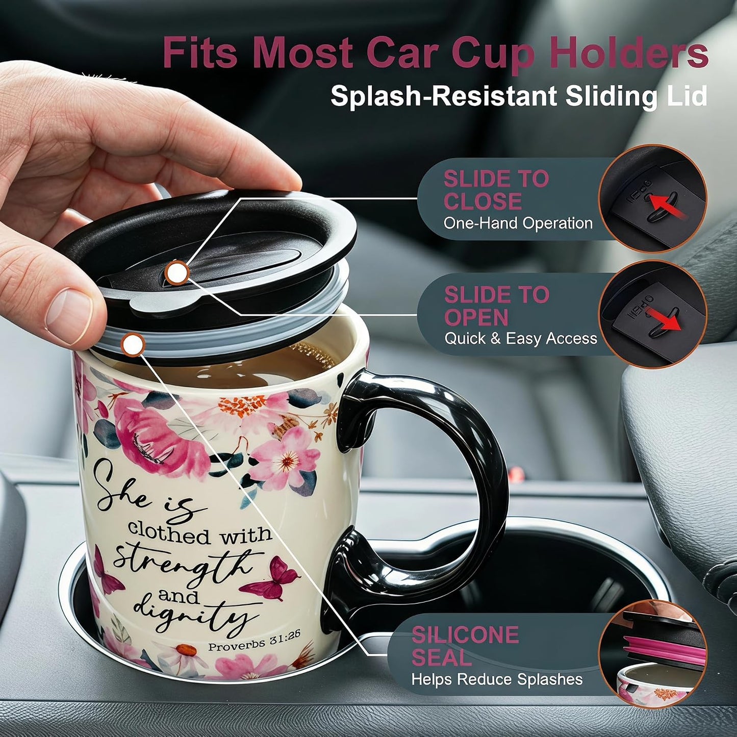 17oz Ceramic Travel Mug with Lid, Inspirational Floral Coffee Mug | Pink Ceramic Travel Cup with Handle for Women, Microwave & Dishwasher Safe, Gift Box Included