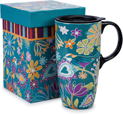 17oz Ceramic Travel Mug with Lid, Inspirational Floral Coffee Mug | Pink Ceramic Travel Cup with Handle for Women, Microwave & Dishwasher Safe, Gift Box Included