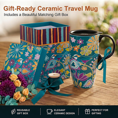17oz Ceramic Travel Mug with Lid, Inspirational Floral Coffee Mug | Pink Ceramic Travel Cup with Handle for Women, Microwave & Dishwasher Safe, Gift Box Included