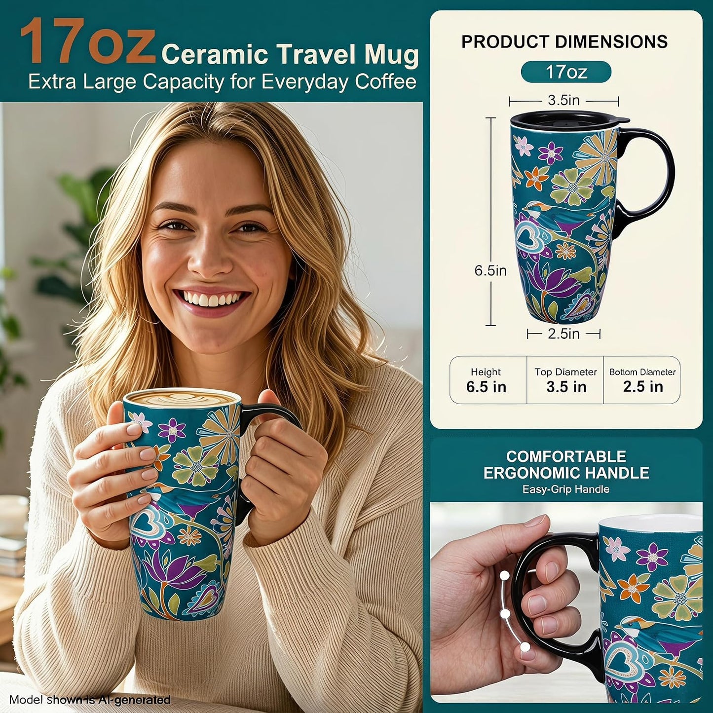 17oz Ceramic Travel Mug with Lid, Inspirational Floral Coffee Mug | Pink Ceramic Travel Cup with Handle for Women, Microwave & Dishwasher Safe, Gift Box Included