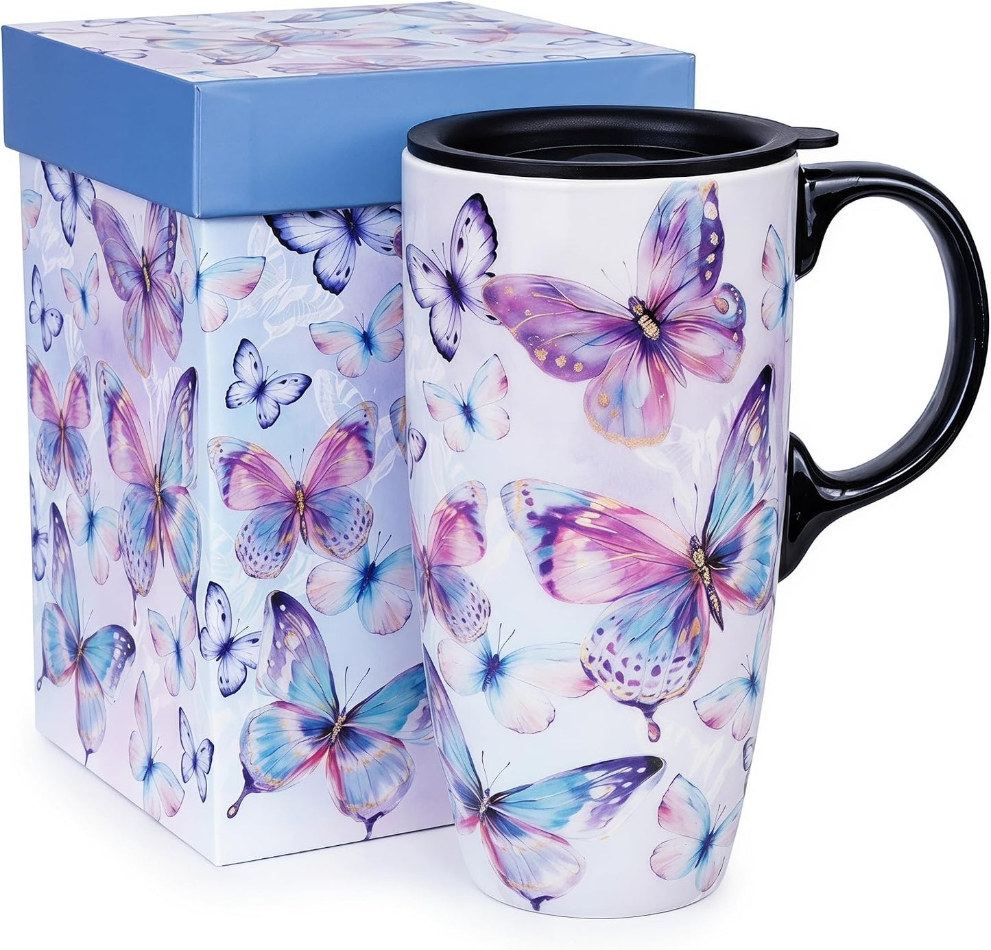 17oz Ceramic Travel Mug with Lid, Inspirational Floral Coffee Mug | Pink Ceramic Travel Cup with Handle for Women, Microwave & Dishwasher Safe, Gift Box Included