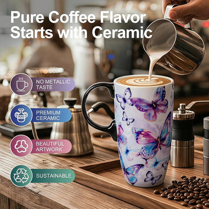 17oz Ceramic Travel Mug with Lid, Inspirational Floral Coffee Mug | Pink Ceramic Travel Cup with Handle for Women, Microwave & Dishwasher Safe, Gift Box Included