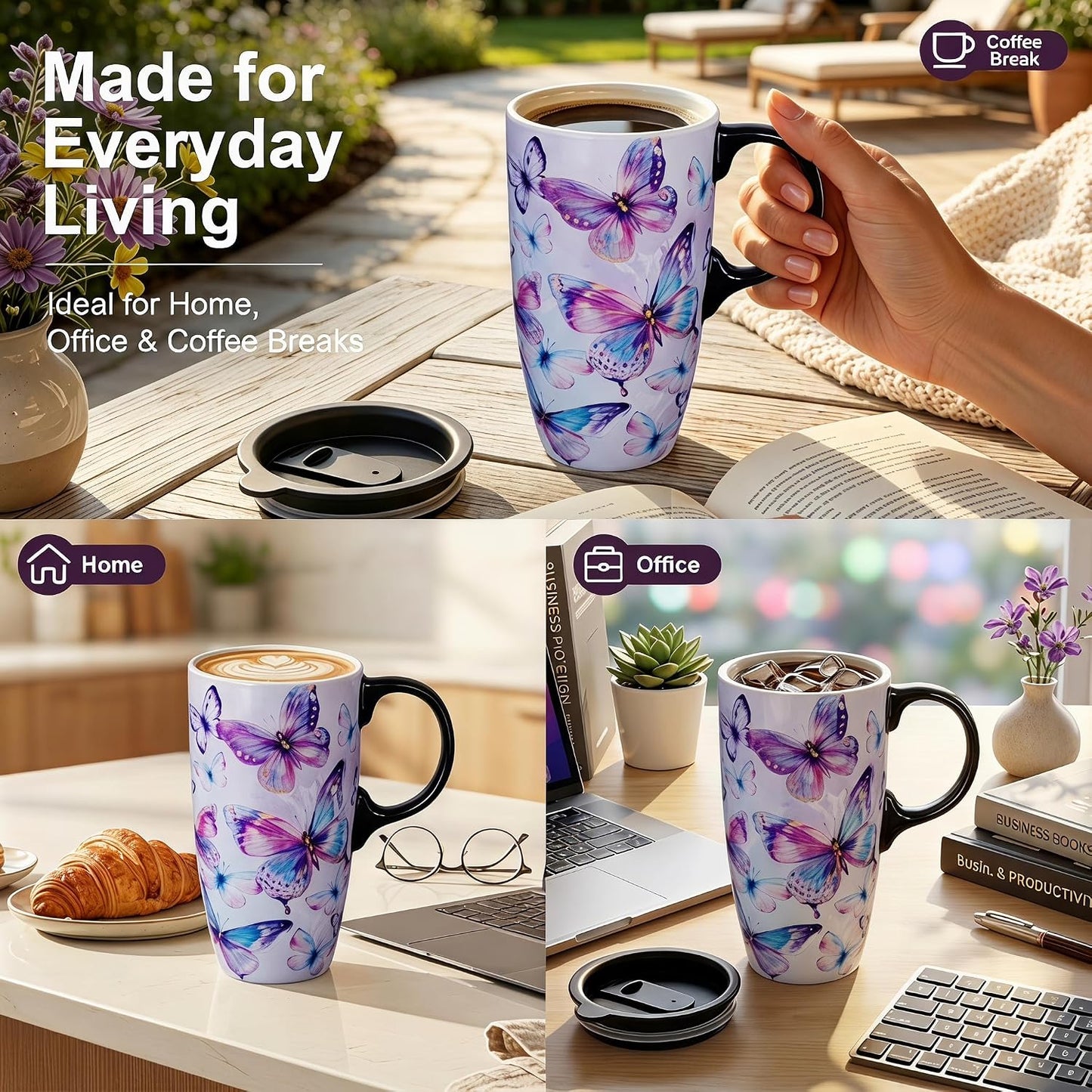 17oz Ceramic Travel Mug with Lid, Inspirational Floral Coffee Mug | Pink Ceramic Travel Cup with Handle for Women, Microwave & Dishwasher Safe, Gift Box Included