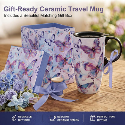 17oz Ceramic Travel Mug with Lid, Inspirational Floral Coffee Mug | Pink Ceramic Travel Cup with Handle for Women, Microwave & Dishwasher Safe, Gift Box Included