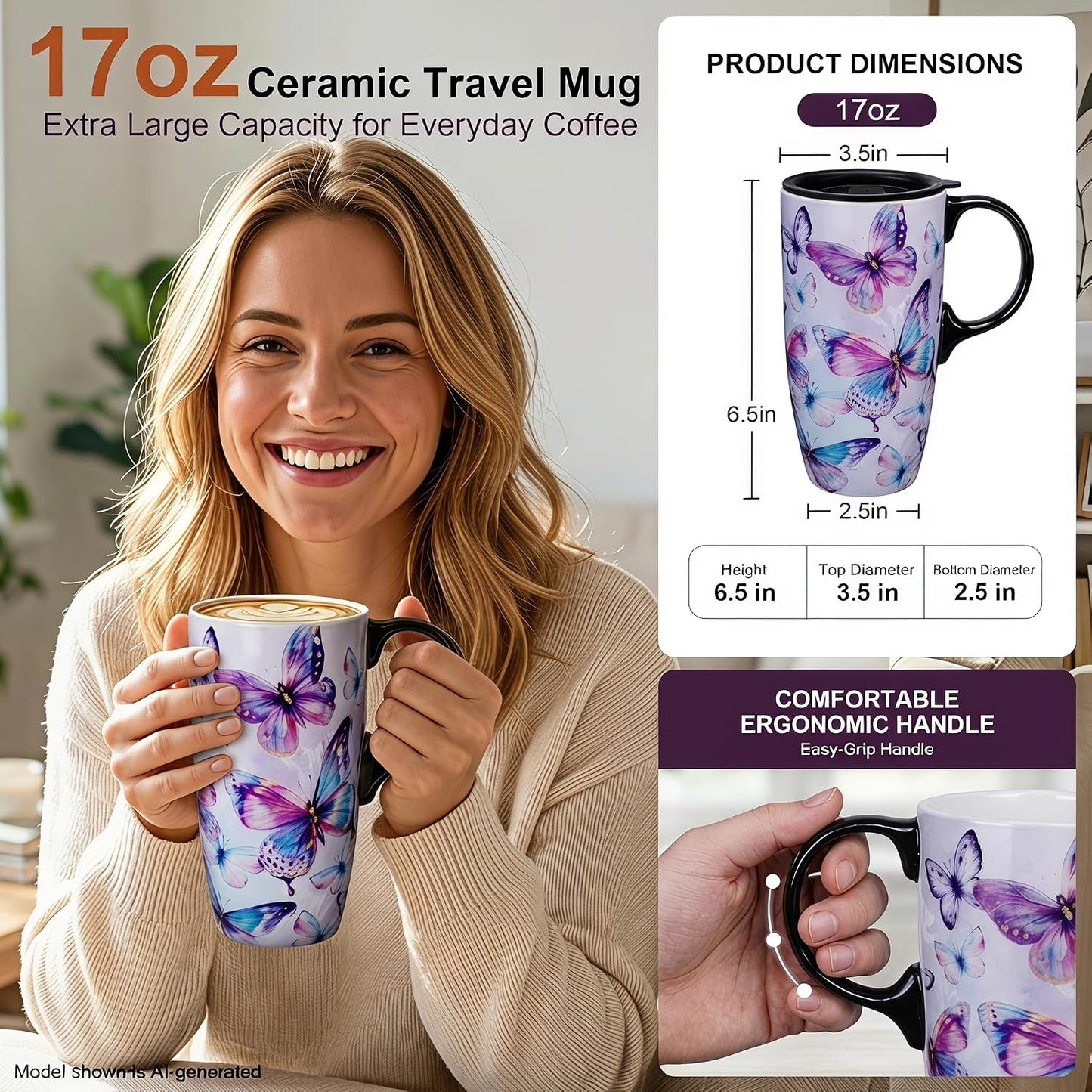 17oz Ceramic Travel Mug with Lid, Inspirational Floral Coffee Mug | Pink Ceramic Travel Cup with Handle for Women, Microwave & Dishwasher Safe, Gift Box Included