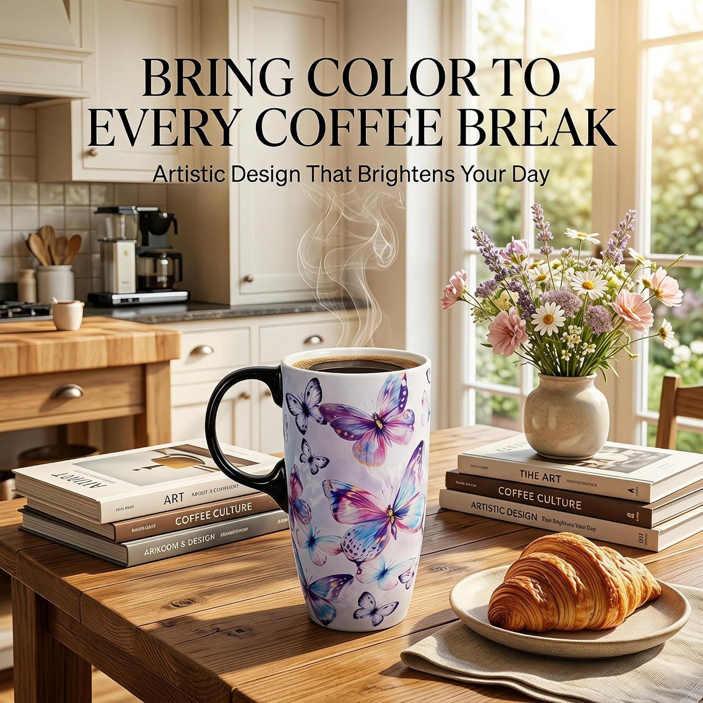 17oz Ceramic Travel Mug with Lid, Inspirational Floral Coffee Mug | Pink Ceramic Travel Cup with Handle for Women, Microwave & Dishwasher Safe, Gift Box Included