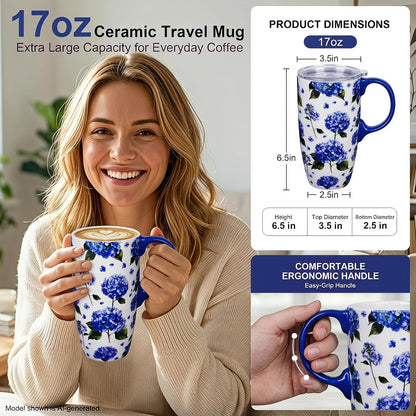 17oz Ceramic Travel Mug with Lid, Inspirational Floral Coffee Mug | Pink Ceramic Travel Cup with Handle for Women, Microwave & Dishwasher Safe, Gift Box Included