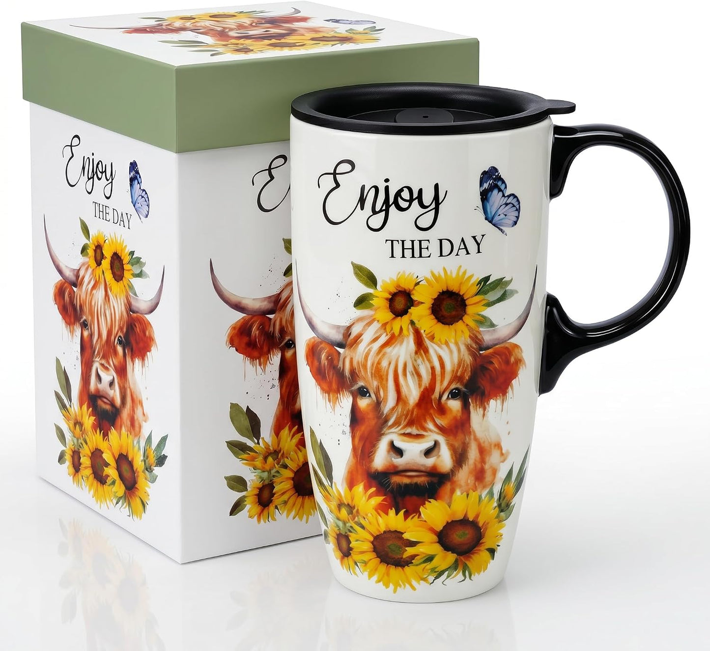 17oz Ceramic Travel Mug with Lid, Inspirational Floral Coffee Mug | Pink Ceramic Travel Cup with Handle for Women, Microwave & Dishwasher Safe, Gift Box Included