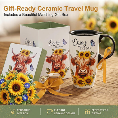 17oz Ceramic Travel Mug with Lid, Inspirational Floral Coffee Mug | Pink Ceramic Travel Cup with Handle for Women, Microwave & Dishwasher Safe, Gift Box Included