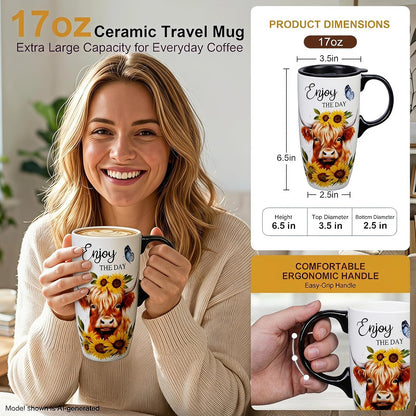 17oz Ceramic Travel Mug with Lid, Inspirational Floral Coffee Mug | Pink Ceramic Travel Cup with Handle for Women, Microwave & Dishwasher Safe, Gift Box Included