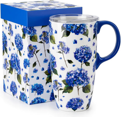 17oz Ceramic Travel Mug with Lid, Inspirational Floral Coffee Mug | Pink Ceramic Travel Cup with Handle for Women, Microwave & Dishwasher Safe, Gift Box Included