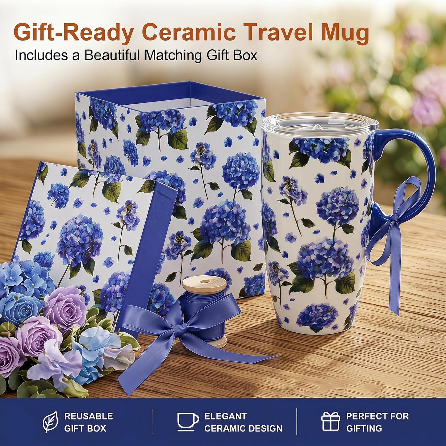 17oz Ceramic Travel Mug with Lid, Inspirational Floral Coffee Mug | Pink Ceramic Travel Cup with Handle for Women, Microwave & Dishwasher Safe, Gift Box Included